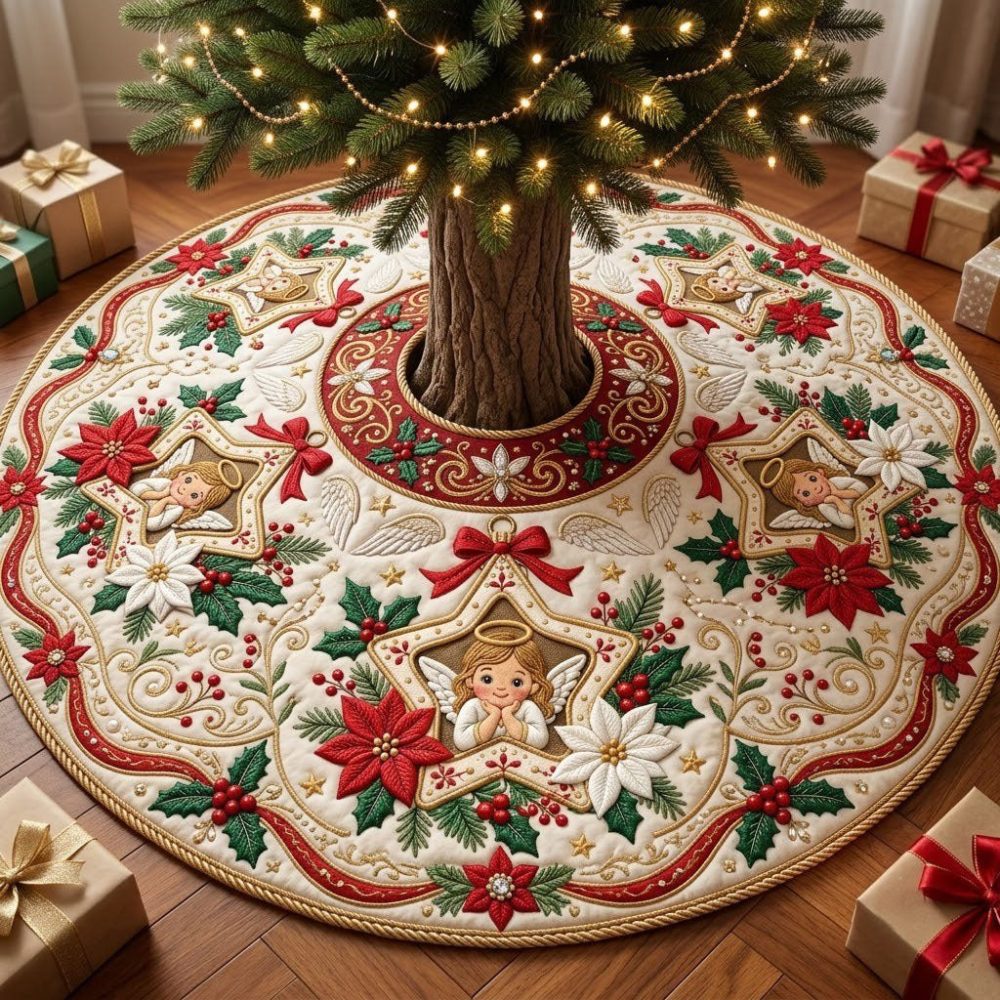 Star & Angel Holiday Tree Skirt — Handcrafted Festive Base Cover With Star Motif, Custom Sizes, Premium Fabric For Elegant Christmas Display