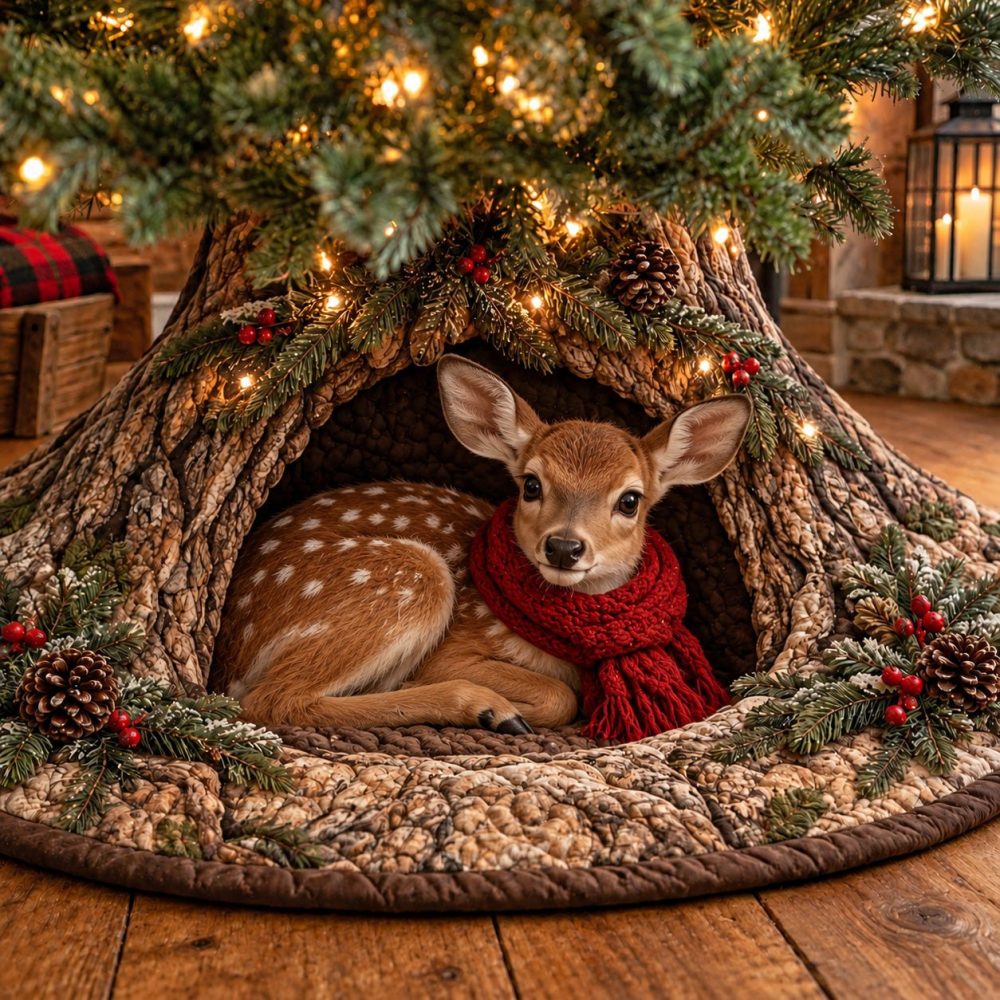 Woodland Den Animal Christmas Tree Skirt — Cute Forest Creatures, Durable Felt, Personalized Name Option, Cozy Cabin Holiday Decor