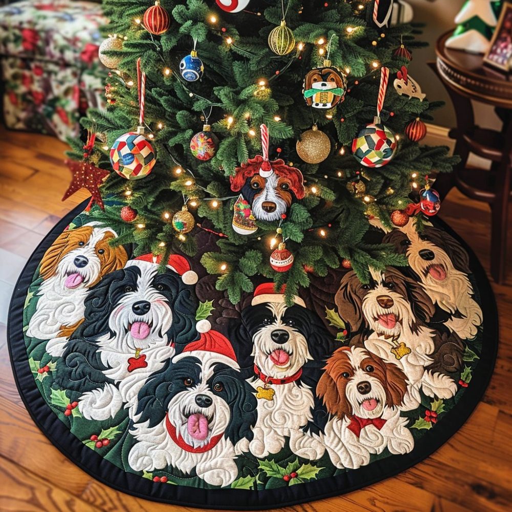 Bernedoodle Cheer Personalized Tree Skirt — Fluffy Custom Bernedoodle Christmas Skirt, Made-To-Order For Dog Lovers