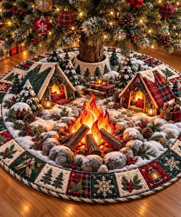 Christmas Campfire Holiday Tree Skirt — Cozy Campfire Scene Christmas Tree Skirt, Custom Made For Lodge & Cabin Celebrations