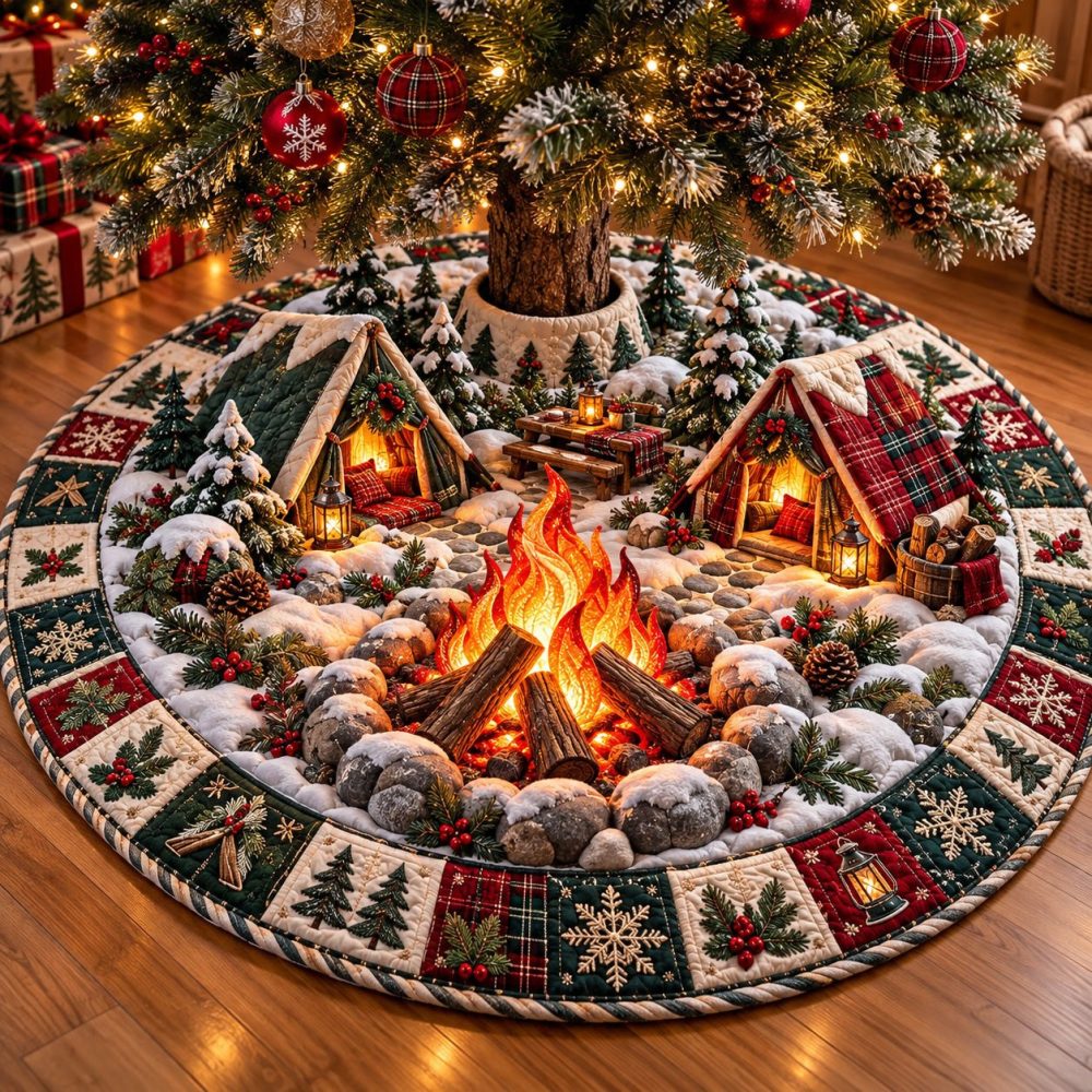 Christmas Campfire Holiday Tree Skirt — Cozy Campfire Scene Christmas Tree Skirt, Custom Made For Lodge & Cabin Celebrations