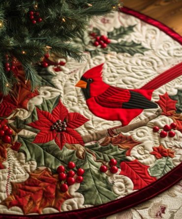 Cardinal Elegance Christmas Tree Skirt — Premium Red Cardinal Holiday Tree Skirt, Custom Sizes & Made-To-Order