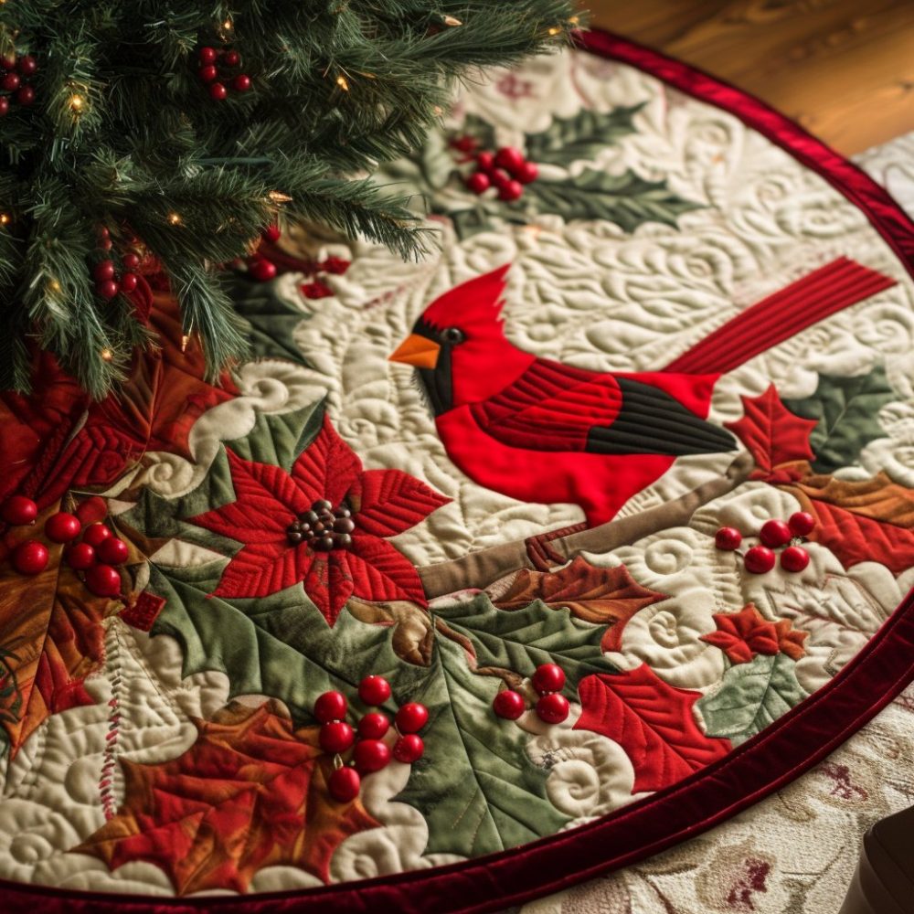 Cardinal Elegance Christmas Tree Skirt — Premium Red Cardinal Holiday Tree Skirt, Custom Sizes & Made-To-Order