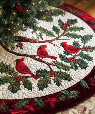 Festive Holly Bough Christmas Tree Skirt With Vibrant Cardinals – Handmade Seasonal Decor, Custom Sizes & Personalization