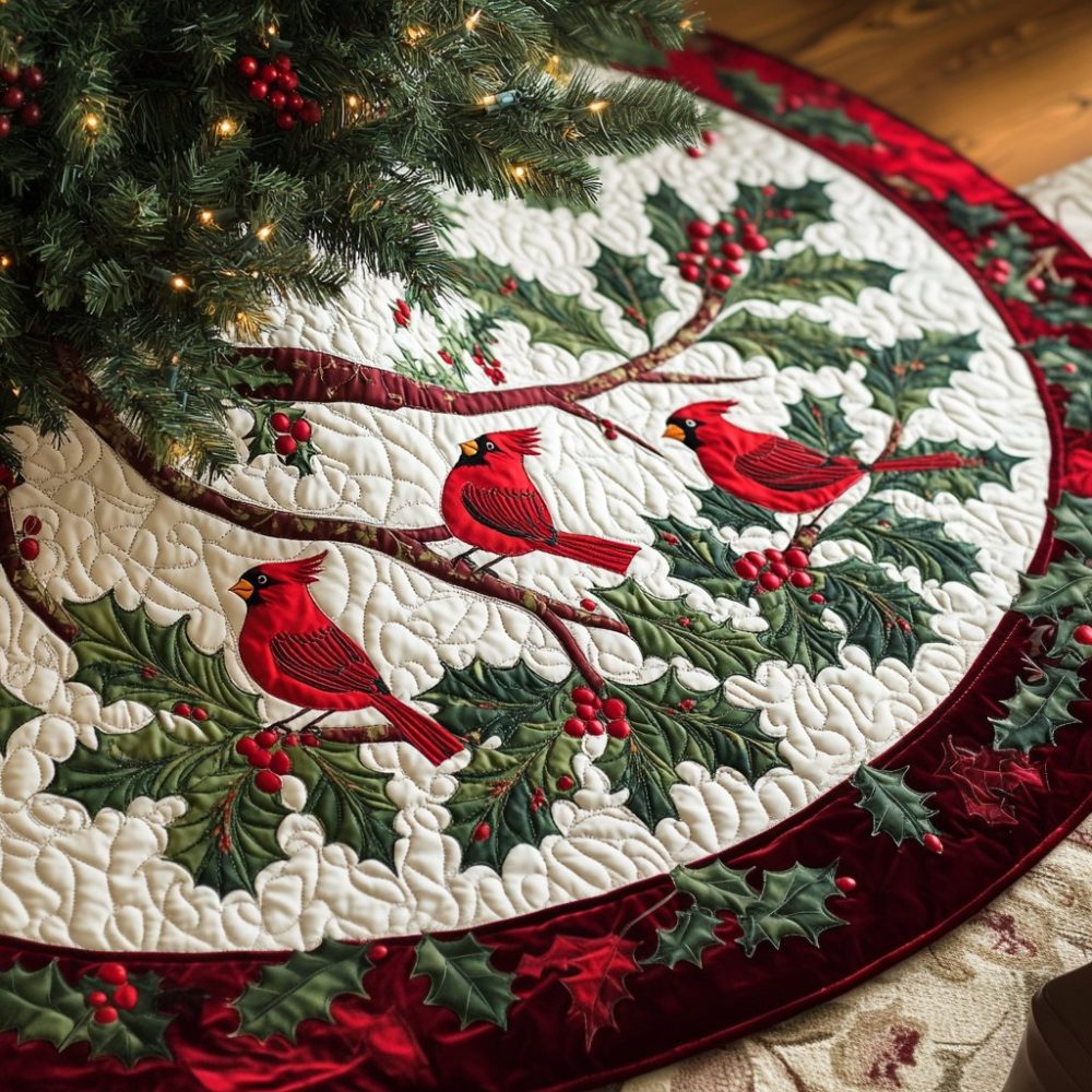 Festive Holly Bough Christmas Tree Skirt With Vibrant Cardinals – Handmade Seasonal Decor, Custom Sizes & Personalization