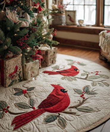 Soft Linen Cardinal Pair Christmas Tree Skirt – Handcrafted Natural Fabric, Personalized Rustic Holiday Decor