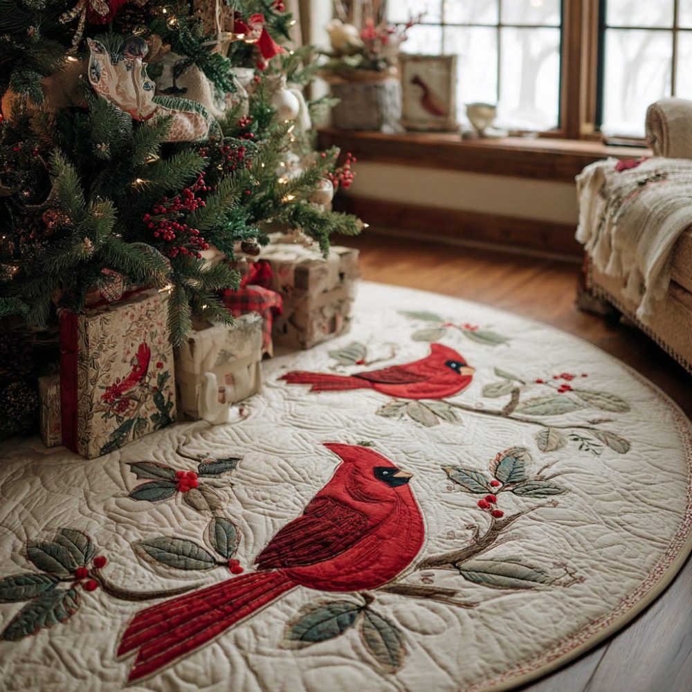 Soft Linen Cardinal Pair Christmas Tree Skirt – Handcrafted Natural Fabric, Personalized Rustic Holiday Decor