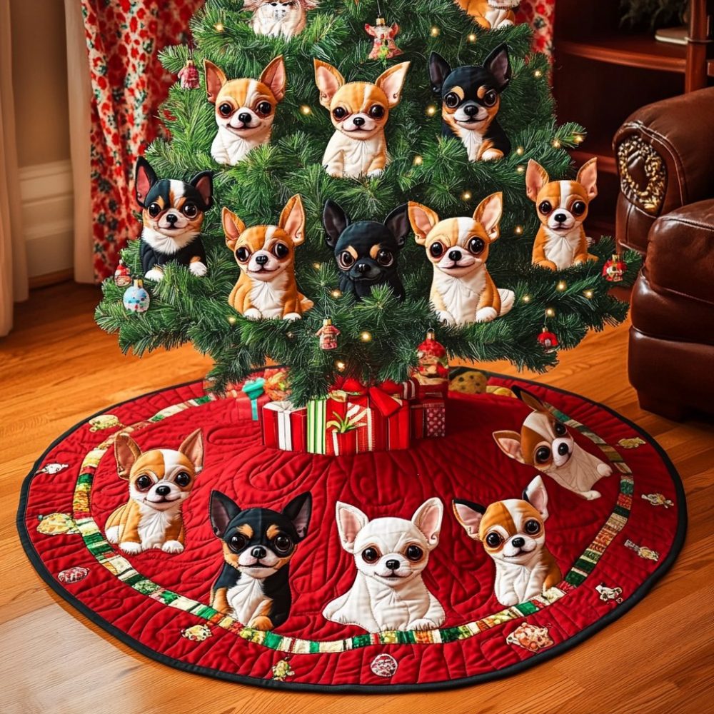 Chihuahua Holiday Magic Tree Skirt — Personalized Tiny Dog Christmas Collar, Handcrafted Festive Pet Décor