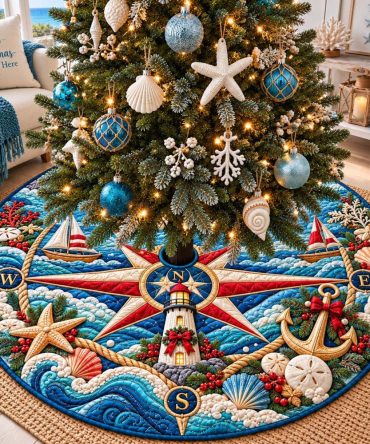 Christmas Coastal Compass Tree Skirt - Nautical Holiday Tree Collar, Handcrafted & Made-To-Order With Personalized Options
