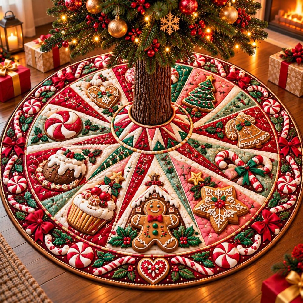 Cookie Pinwheel Christmas Tree Skirt — Handcrafted Holiday Skirt With Festive Cookie Pattern, Soft Felt Backing, Custom Made To Order