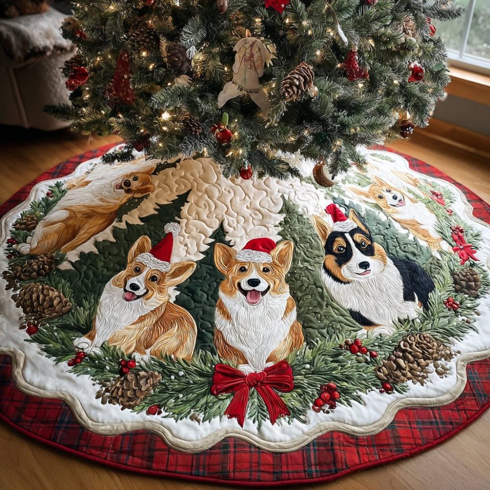 Corgi Joy Christmas Tree Skirt — Festive Corgi-Themed Holiday Tree Collar, Personalized Plush Quilted Décor