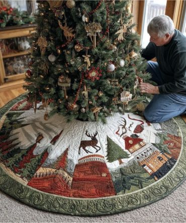 Christmas Cottage Town Tree Skirt — Cozy Holiday Cottage Scene Tree Collar, Personalized Quilted Festive Décor