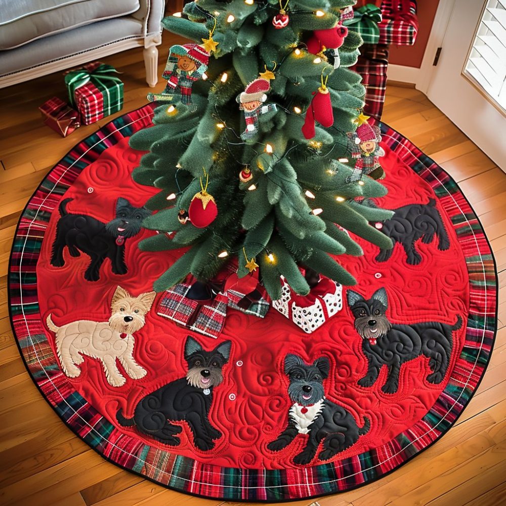 Scottie Dog Christmas Tree Skirt — Personalized Holiday Tree Collar, Handcrafted Plush Applique Pet Décor
