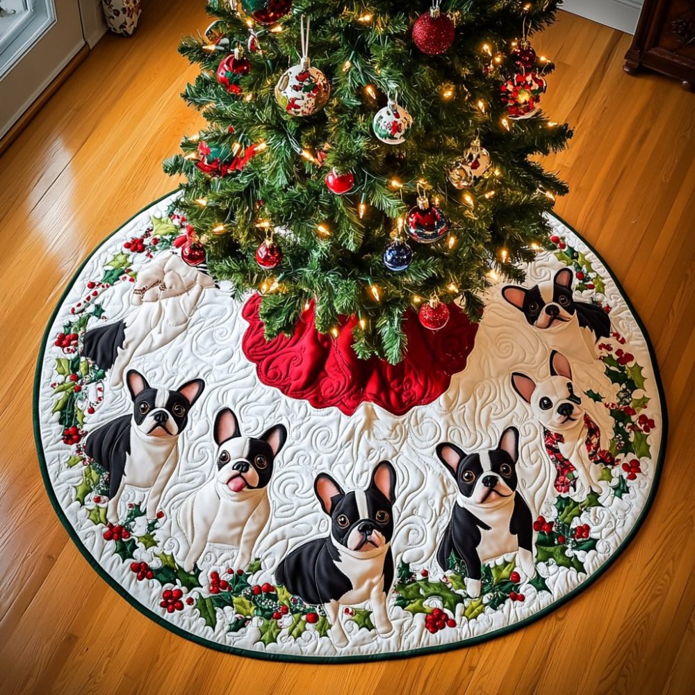 Handcrafted Boston Terrier Christmas Tree Skirt — Custom Pet Holiday Tree Collar, Personalized Plush Linen Décor