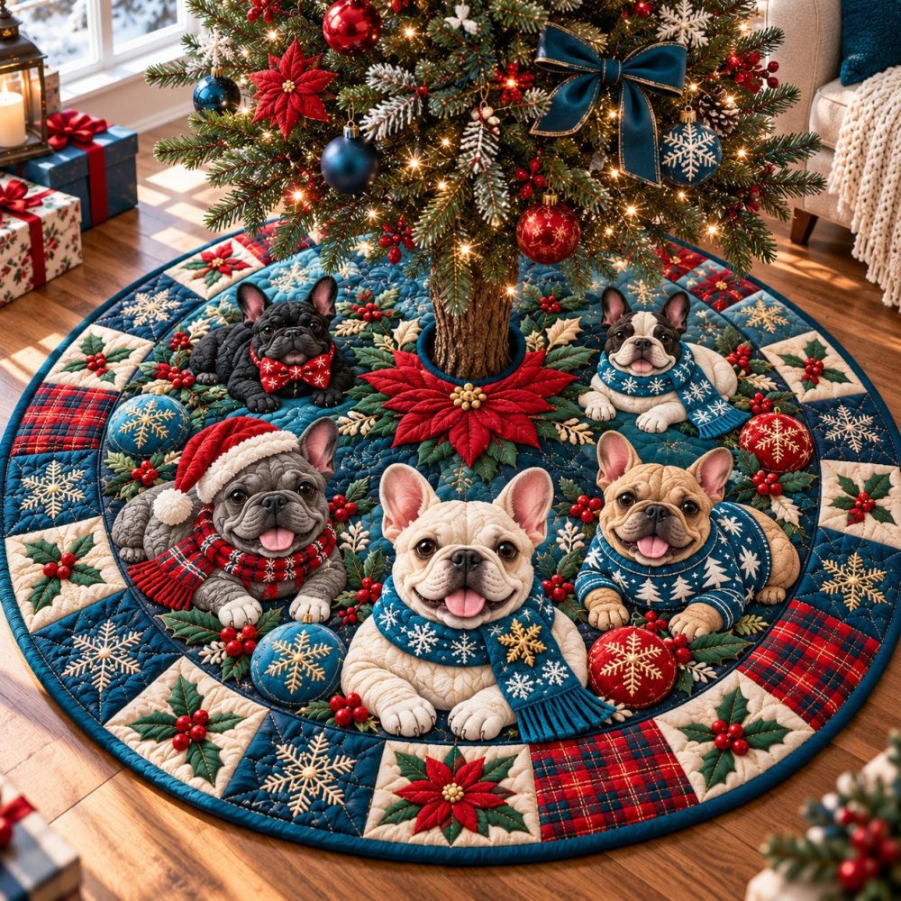 Made-To-Order French Bulldog 'Cheer' Holiday Tree Skirt - Custom Pet Portrait Skirt, Personalized Dog Lover Christmas Decor