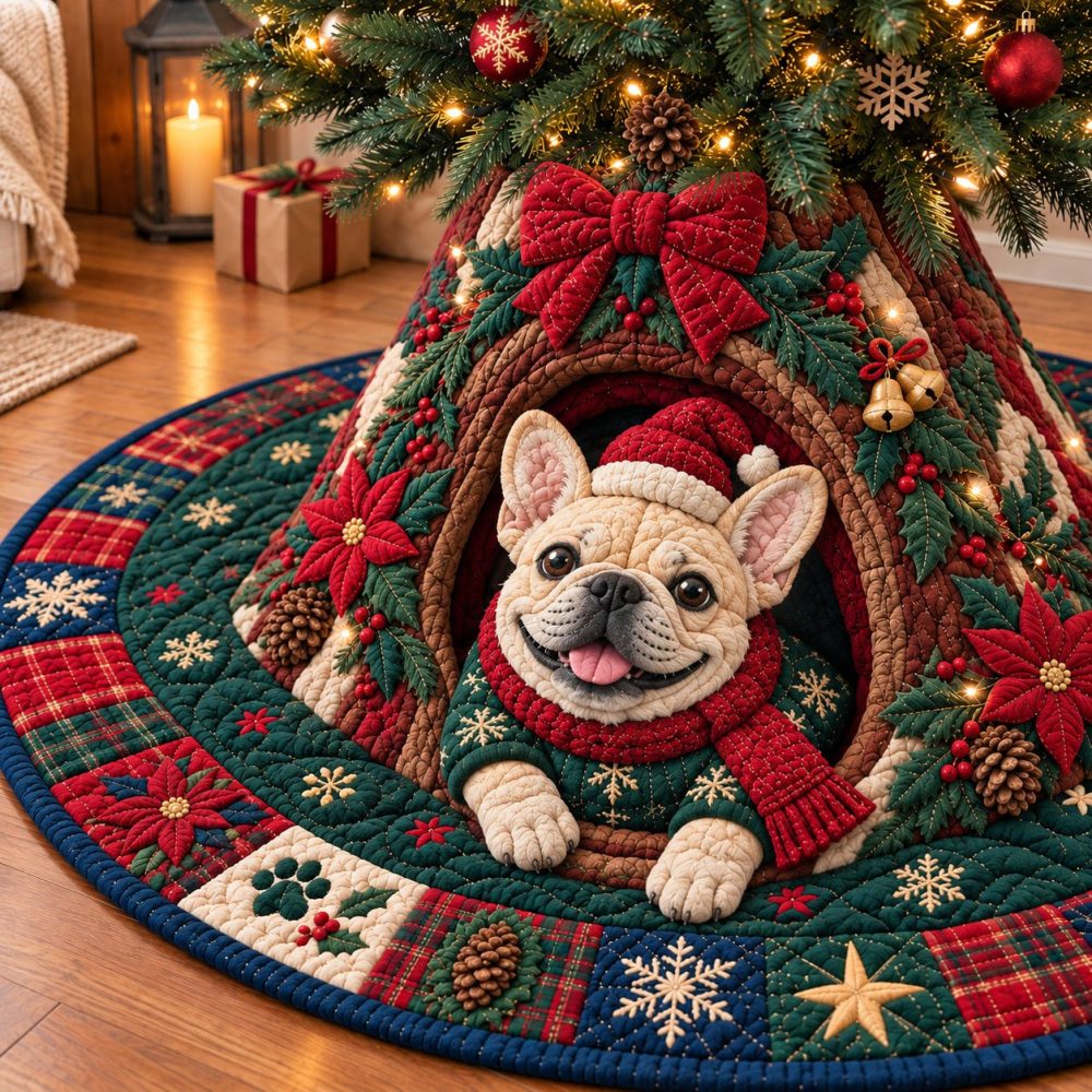 Made-To-Order French Bulldog 'Wishes' Tree Skirt - Personalized Holiday Dog Skirt With Custom Pet Name, Perfect Christmas Gift