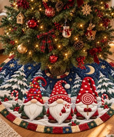 Gnome Candy Friends Tree Skirt — Handmade Holiday Quilt With Colorful Gnome Characters & Candy Motifs, Custom Sizes Available