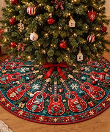 Festive Christmas Guitar Celebration Tree Skirt - Handcrafted Music-Themed Holiday Decor, Custom Sizes & Personalization