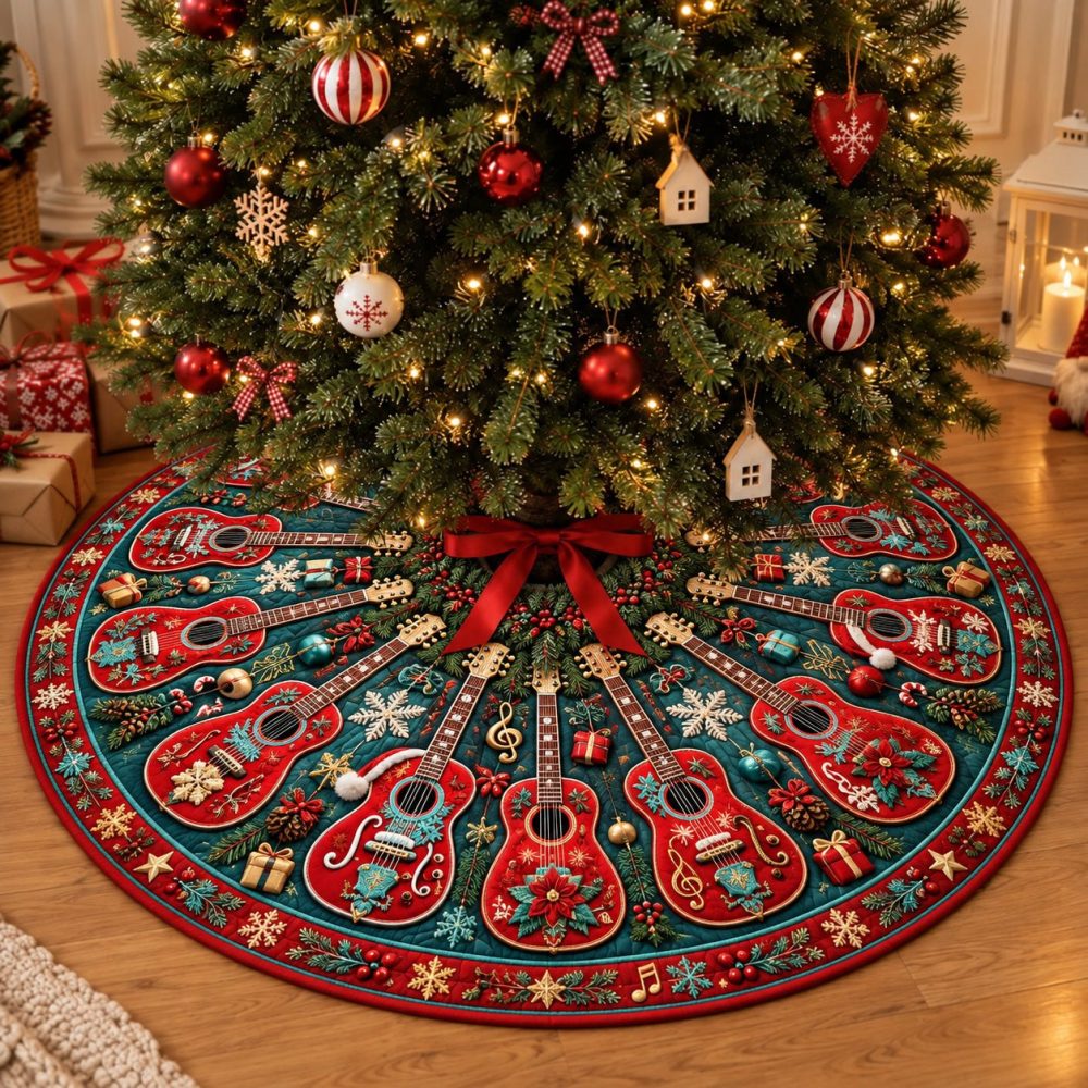 Festive Christmas Guitar Celebration Tree Skirt - Handcrafted Music-Themed Holiday Decor, Custom Sizes & Personalization