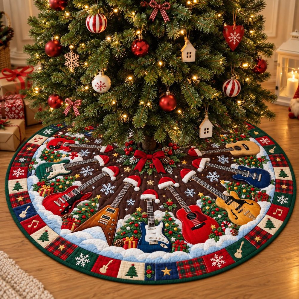 Christmas Guitar Wonderland Tree Skirt - Handcrafted Music-Themed Holiday Skirt, Custom Sizes & Premium Finishing