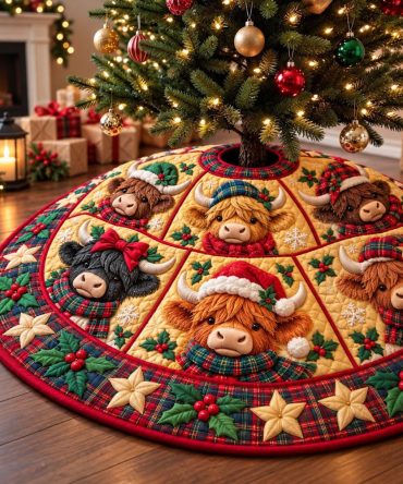 Handmade Highland Cow Christmas Tree Skirt - Rustic Farmhouse Holiday Skirt, Custom Sizes & Made-To-Order Keepsake Gift
