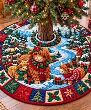 Highland Cow Magic Holiday Tree Skirt - Rustic Scottish Cow Design, Hand-Printed Fabric, Custom Sizing & Handmade Quality
