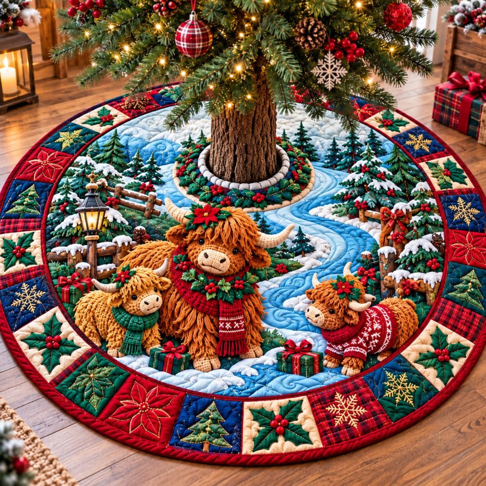 Highland Cow Magic Holiday Tree Skirt - Rustic Scottish Cow Design, Hand-Printed Fabric, Custom Sizing & Handmade Quality