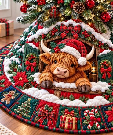 Highland Cow Village Holiday Tree Skirt - Festive Highland Scene, Premium Fabric, Handcrafted Detail, Custom Sizing For Unique Trees