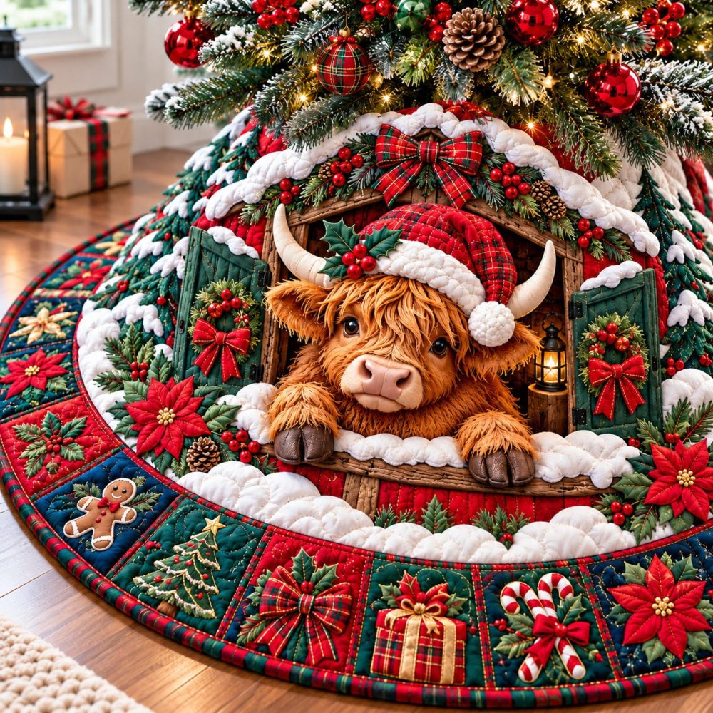 Highland Cow Village Holiday Tree Skirt - Festive Highland Scene, Premium Fabric, Handcrafted Detail, Custom Sizing For Unique Trees
