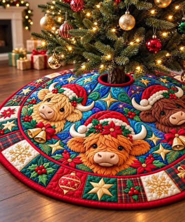 Highland Cow Wishes Holiday Tree Skirt - Whimsical Cow Illustration, Soft Backing, Custom Orders & Artisan Craftsmanship For Cozy Homes