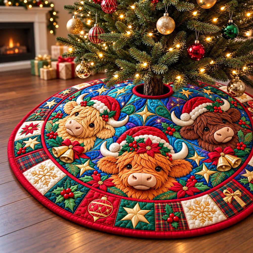 Highland Cow Wishes Holiday Tree Skirt - Whimsical Cow Illustration, Soft Backing, Custom Orders & Artisan Craftsmanship For Cozy Homes