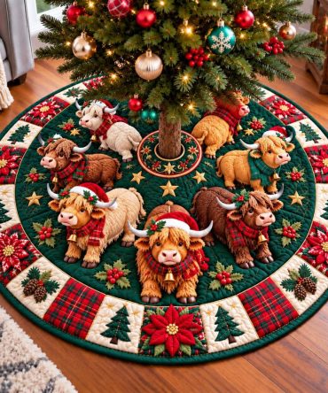 Highland Cow Wonderland Holiday Tree Skirt - Handcrafted Cozy Farmhouse Skirt, Premium Materials & Custom Made-To-Order