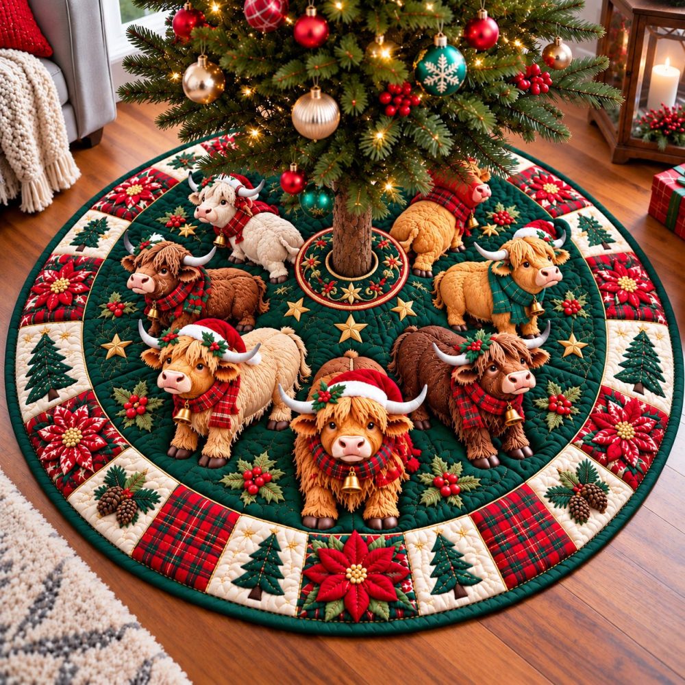 Highland Cow Wonderland Holiday Tree Skirt - Handcrafted Cozy Farmhouse Skirt, Premium Materials & Custom Made-To-Order