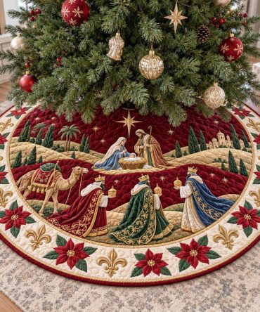 Christmas Hope Heirloom Tree Skirt — Elegant Religious Nativity Motif, Soft Textures, Personalized Embroidery & Gift-Ready Packaging
