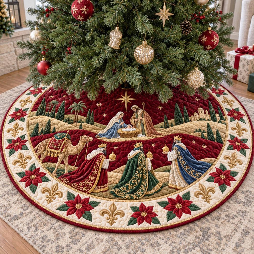 Christmas Hope Heirloom Tree Skirt — Elegant Religious Nativity Motif, Soft Textures, Personalized Embroidery & Gift-Ready Packaging