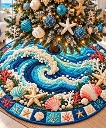 Christmas Ocean Swirl Tree Skirt - Handcrafted Coastal Holiday Collar, Made-To-Order With Elegant Swirl Motifs