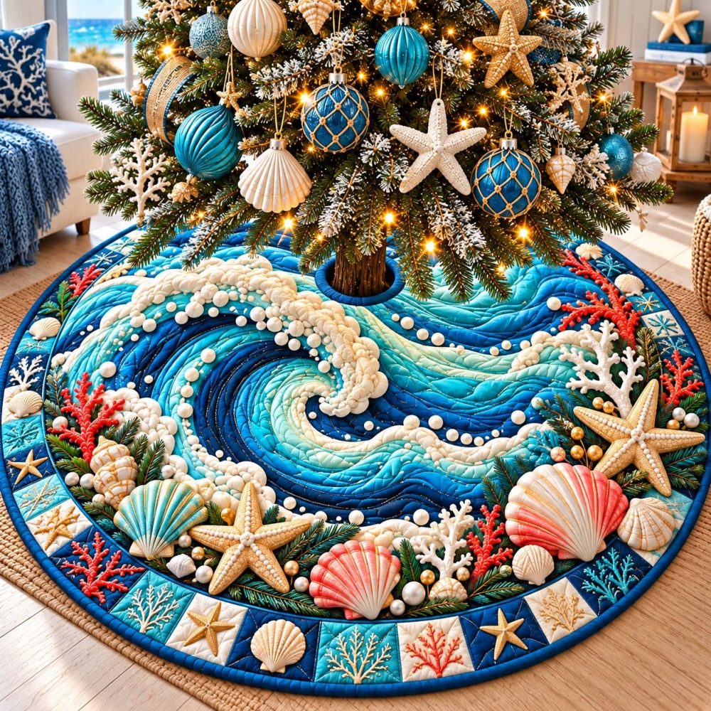 Christmas Ocean Swirl Tree Skirt - Handcrafted Coastal Holiday Collar, Made-To-Order With Elegant Swirl Motifs