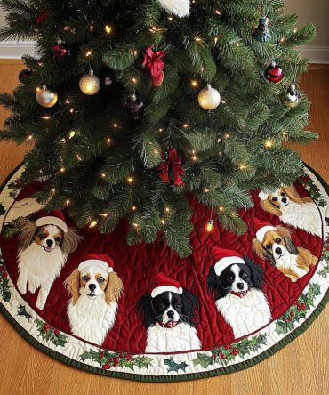 Papillon Holiday Tree Skirt - Custom Personalized Christmas Collar With Papillon Dog Art, Plush Handmade Décor, Made-To-Order