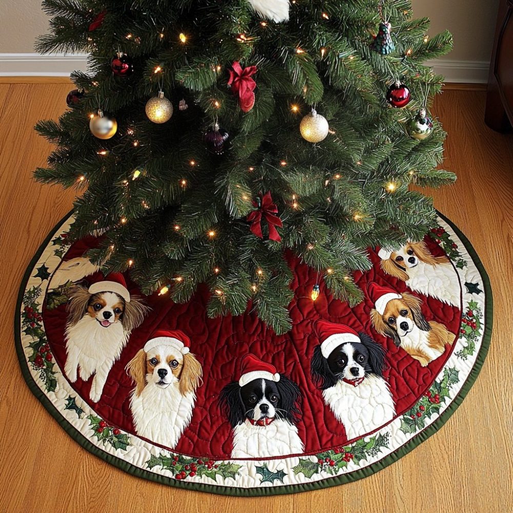 Papillon Holiday Tree Skirt - Custom Personalized Christmas Collar With Papillon Dog Art, Plush Handmade Décor, Made-To-Order