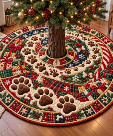 Festive Paw Print Trail Tree Skirt — Custom Pet Lover Christmas Skirt, Durable And Machine-Friendly, Made To Order