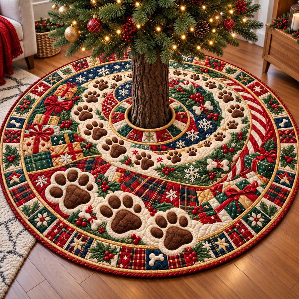 Festive Paw Print Trail Tree Skirt — Custom Pet Lover Christmas Skirt, Durable And Machine-Friendly, Made To Order