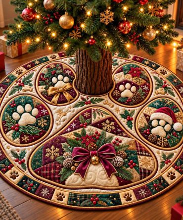 Paw Print Wishes Christmas Tree Skirt - Personalized Pet Holiday Skirt, Custom Embroidery, Durable Fabric & Cozy Plush Backing