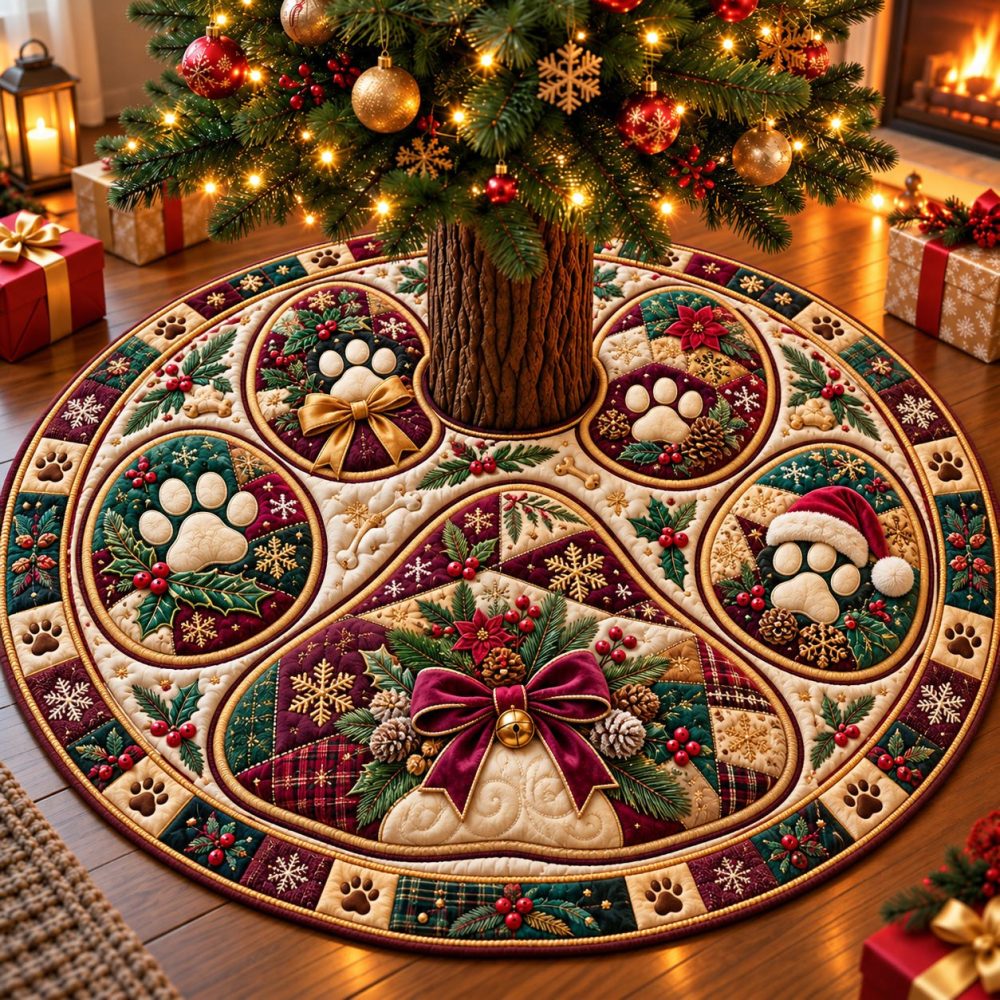 Paw Print Wishes Christmas Tree Skirt - Personalized Pet Holiday Skirt, Custom Embroidery, Durable Fabric & Cozy Plush Backing
