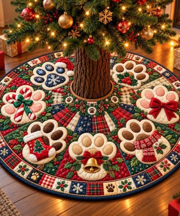 Christmas Paw Print Tree Skirt - Custom-Made Pet Holiday Mat With Adorable Paw Designs, Soft Backing & Personalized Name Option