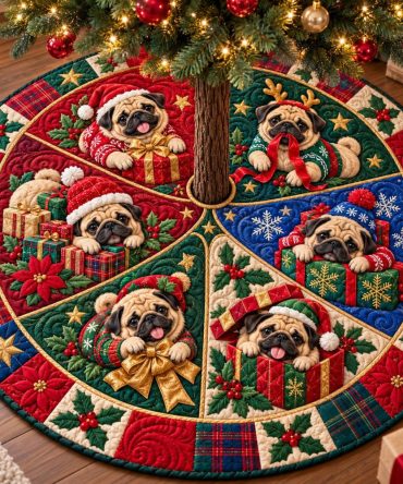 Christmas Pug Adventure Tree Skirt — Made-To-Order Adventure-Themed Pug Holiday Skirt, Charming Gift For Pet Fans & Seasonal Displays