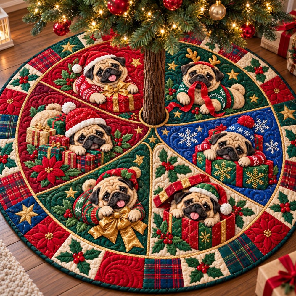 Christmas Pug Adventure Tree Skirt — Made-To-Order Adventure-Themed Pug Holiday Skirt, Charming Gift For Pet Fans & Seasonal Displays