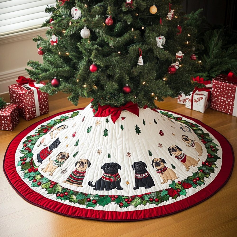 Custom Handcrafted Ivory Christmas Tree Skirt With Charming Pug Art – Holiday Pet Lover Decor, Personalized & Durable