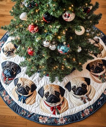 Navy Pug Portraits Tree Skirt — Chic Dark-Blue Background With Playful Pug Faces, Custom Holiday Decor, Handcrafted, Made-To-Order
