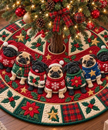 Christmas Pug Joy Tree Skirt — Playful Pug Holiday Skirt, Made-To-Order Cheerful Design For Dog Lovers & Festive Living Spaces