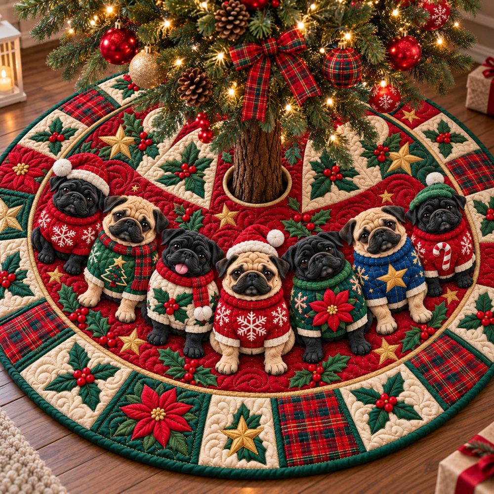 Christmas Pug Joy Tree Skirt — Playful Pug Holiday Skirt, Made-To-Order Cheerful Design For Dog Lovers & Festive Living Spaces